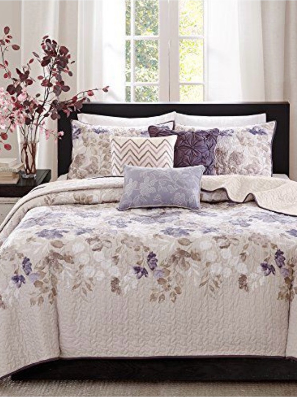 Madison Park Cream and Purple Floral Quilt Set with Decorative Pillows